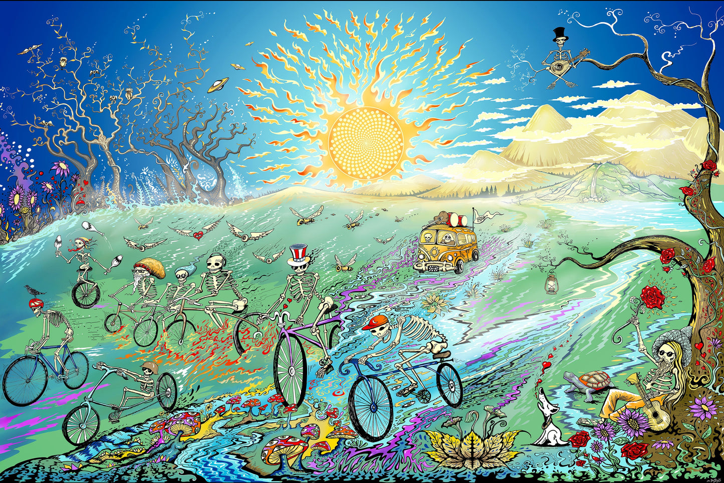 Skeletons On Bikes Heady Art Print Tapestry by Sunshine Joy