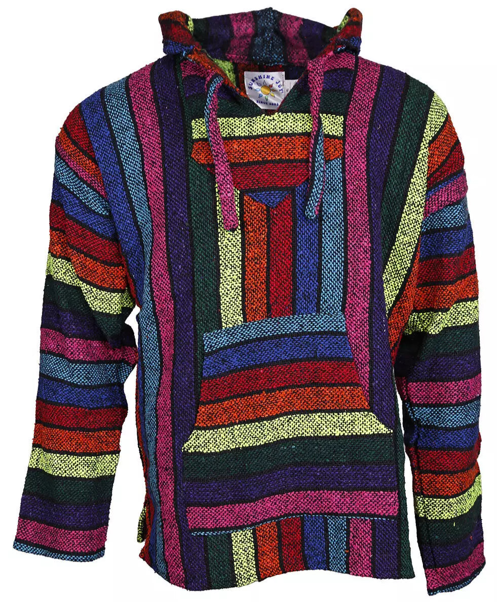 Neon Rainbow Stripe Mexican Baja Pullover Hoodie