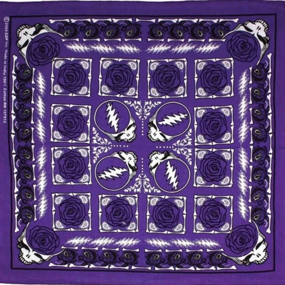 Grateful Dead Steal Your Face Rose Bandana Purple - 22x22 inch Cotton Bandana by Sunshine Joy – 100% Cotton Bandana by Sunshine Joy