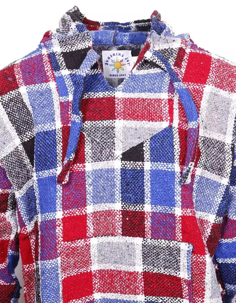 Red + Blue Plaid Mexican Baja Pullover Hoodie