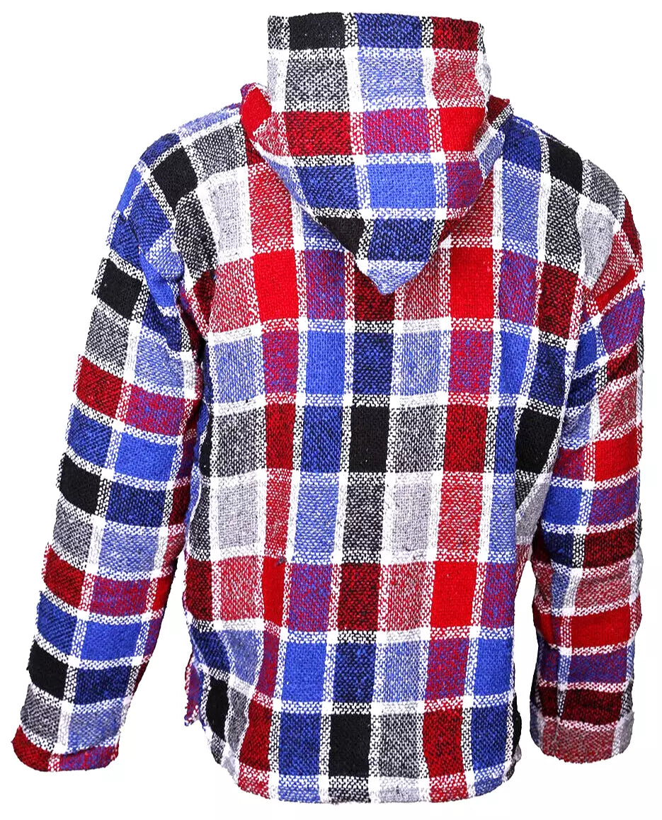 Red + Blue Plaid Mexican Baja Pullover Hoodie