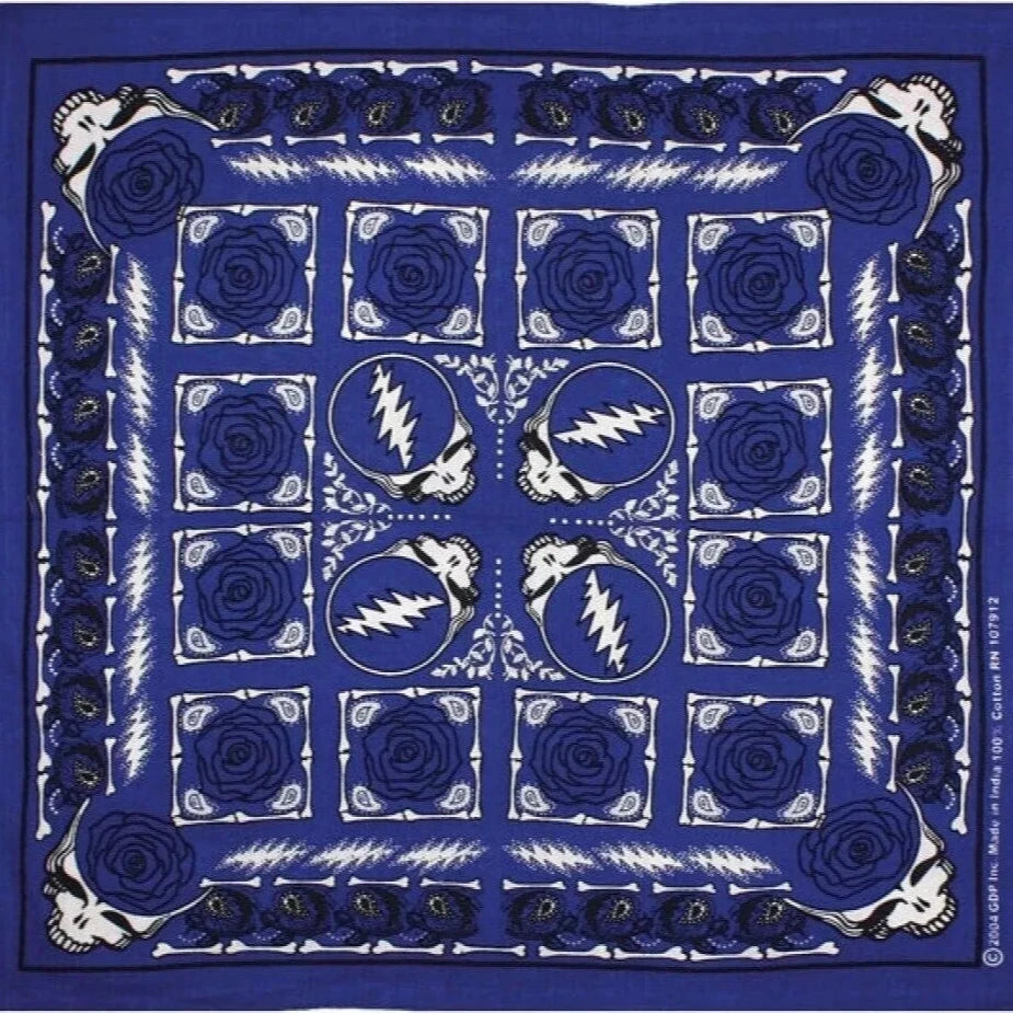 Grateful Dead Steal Your Face Rose Bandana Blue - 22x22 inch Cotton Bandana by Sunshine Joy – 100% Cotton Bandana by Sunshine Joy