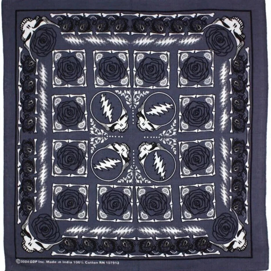 Grateful Dead Steal Your Face Rose Bandana Grey - 22x22 inch Cotton Bandana by Sunshine Joy – 100% Cotton Bandana by Sunshine Joy