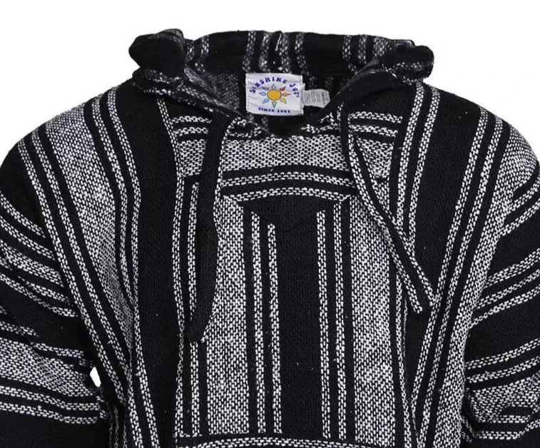 Black + White Stripe Mexican Baja Pullover Hoodie