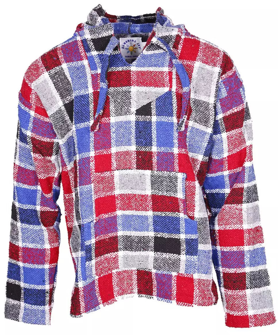 Red + Blue Plaid Mexican Baja Pullover Hoodie