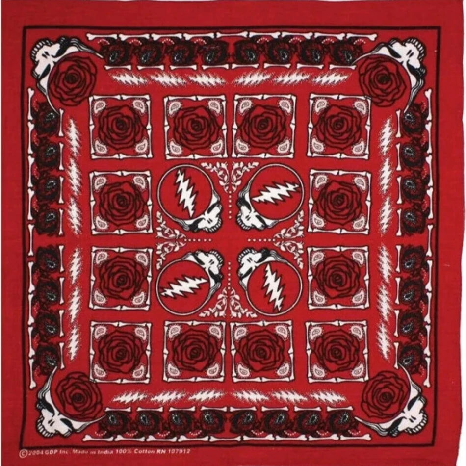 Grateful Dead Steal Your Face Rose Bandana Red - 22x22 inch Cotton Bandana by Sunshine Joy – 100% Cotton Bandana by Sunshine Joy