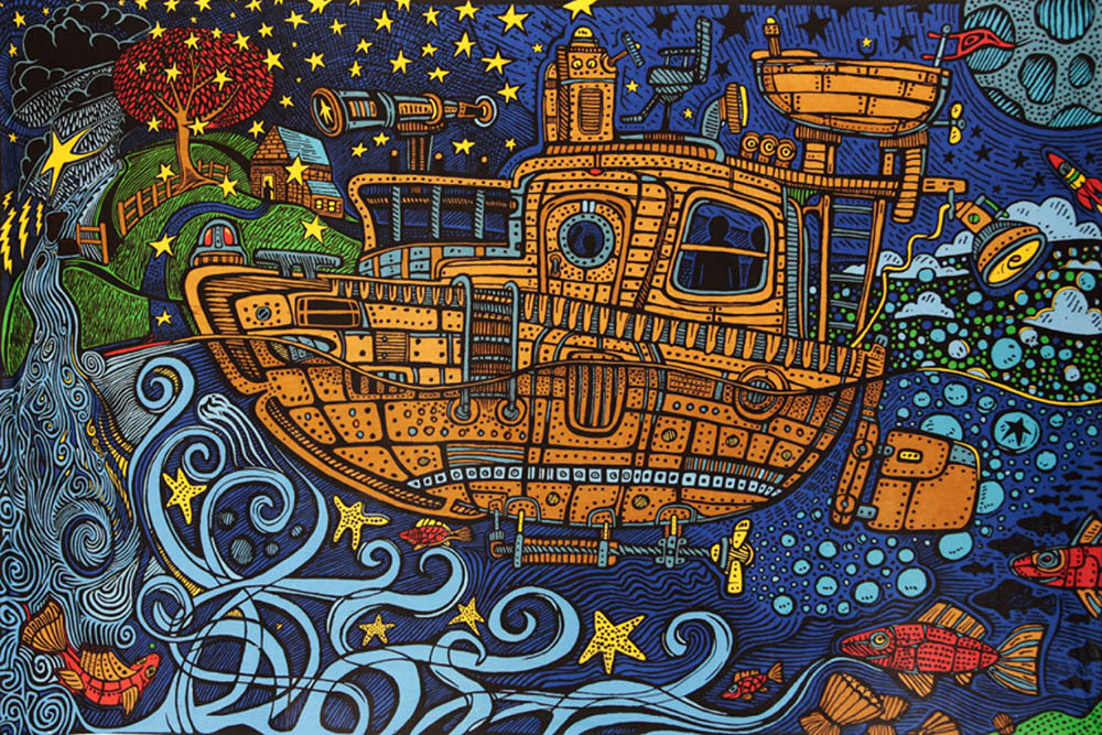 3D Steampunk Tugboat Tapestry 60x90" by Sunshine Joy