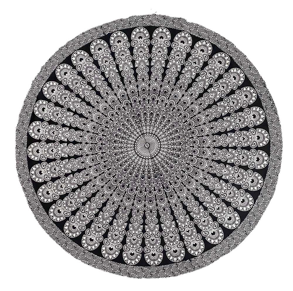 Round Black & White Plume Tablecloth Tapestry 80" - Hemmed Edge by Zest For Life