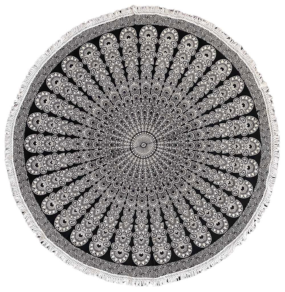 Round Black & White Plume Tablecloth Tapestry 80" - Fringed Edge by Zest For Life