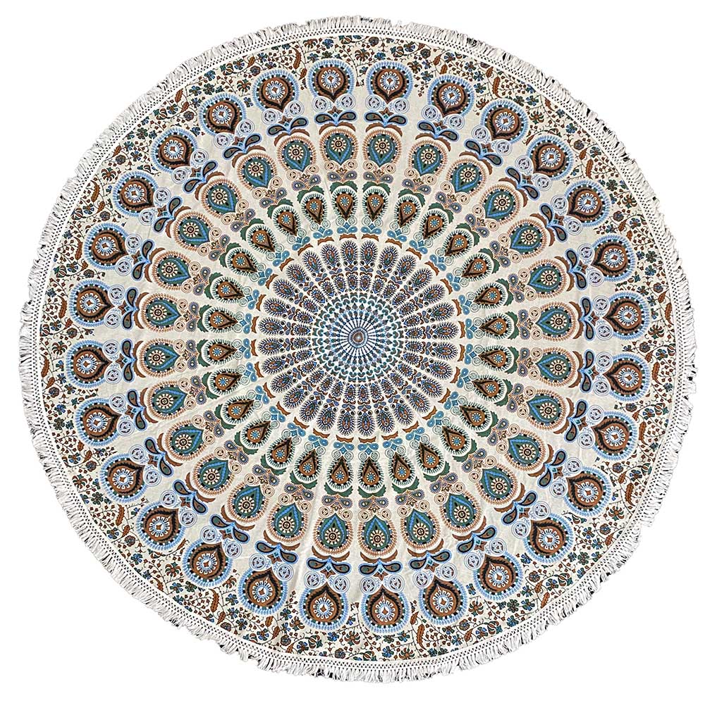 Round Blue-Red Mandala Tablecloth Tapestry 80" - Fringed Edge by Zest For Life