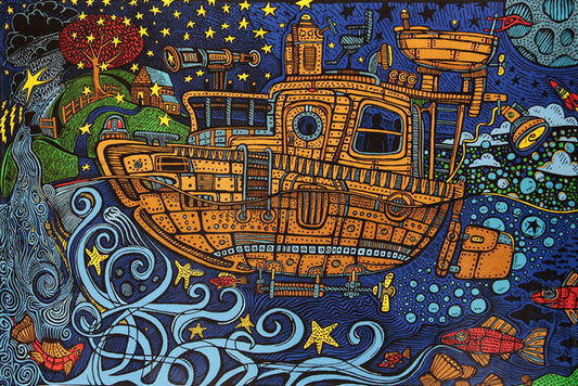 3D Steampunk Tugboat Tapestry 60x90 - Art by Chris Pinkerton   **SALE**