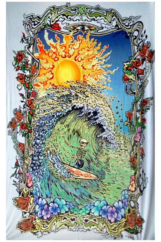 Surfing Skeleton Heady Art Print Tapestry 53x85" by Sunshine Joy