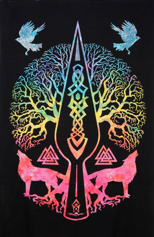 Tie Dye Celtic Wolf Tree Tapestry 52x80" by Zest For Life