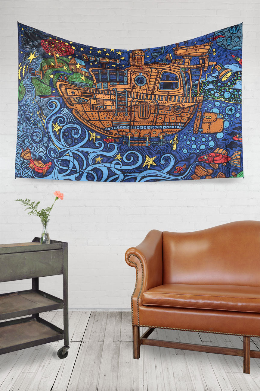 3D Steampunk Tugboat Tapestry 60x90 - Art by Chris Pinkerton   **SALE**