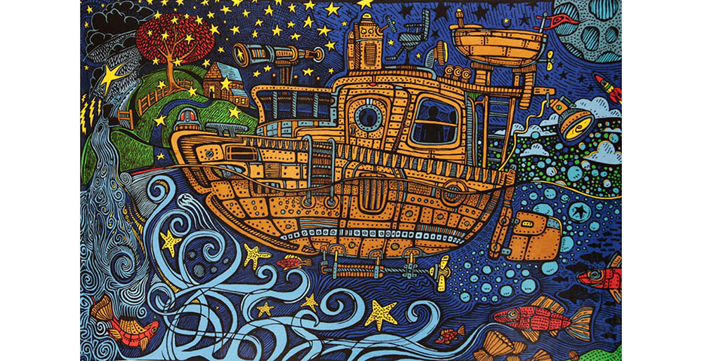 3D Steampunk Tug Boat Mini Tapestry 30x45 - Art by Chris Pinkerton  **SALE**