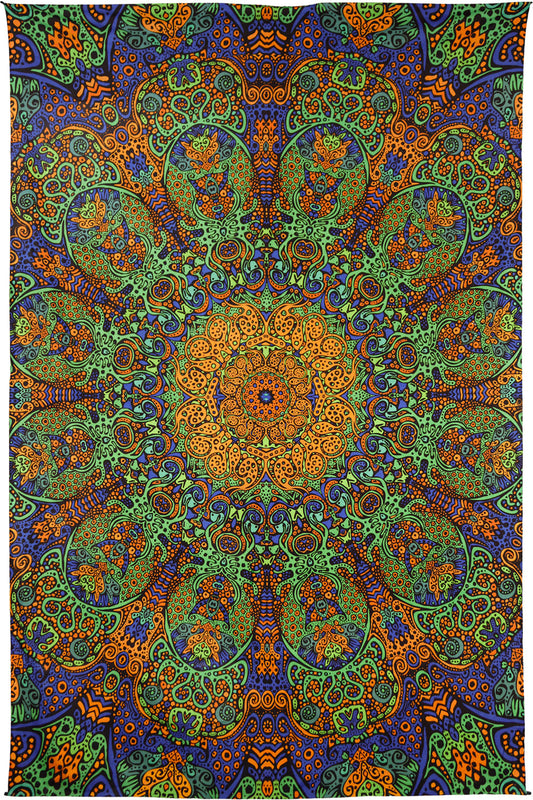 3D Psychedelic Green & Gold Sunburst Tapestry