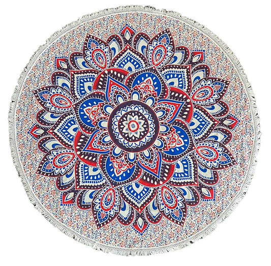 Zest For Life Round Red-Blue Mandala Tablecloth Tapestry 80" - Fringed Edge