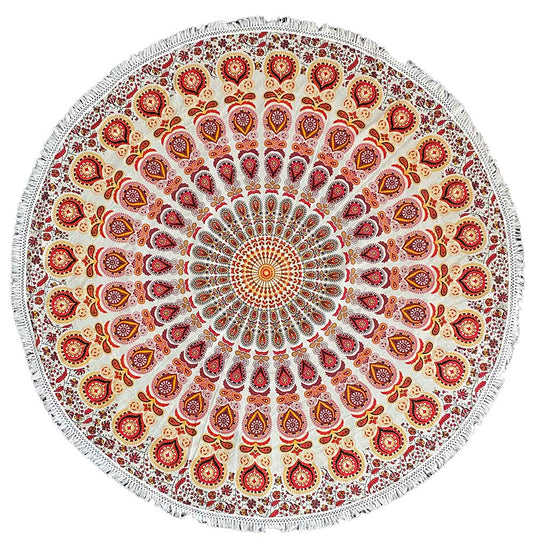 Zest For Life Round Red-Gold Mandala Tablecloth Tapestry 80" - Fringed Edge